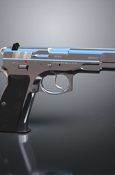 Metallic Pistol With Black Grip Classic Design And Reflective Surface Isolated On Dark Background 3d model