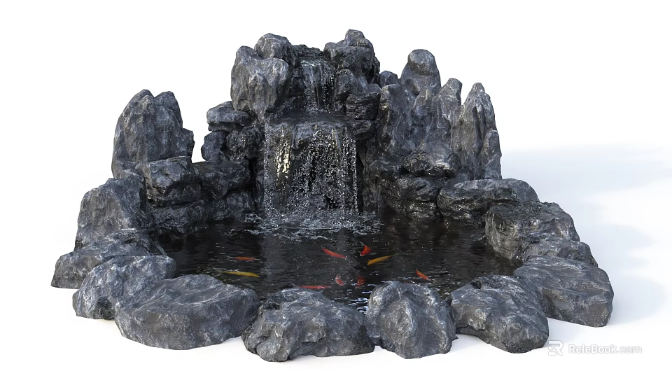 Garden Ornament With Rockery Waterfall Koi Fish And Small Pond 3d model 
