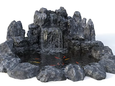 Garden Ornament With Rockery Waterfall Koi Fish And Small Pond 3d model