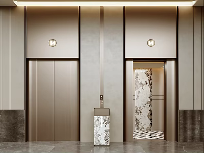 Elegant Modern Elevator Lobby Design With Golden Metal Doors Marble Walls And Recessed Lighting 3d model