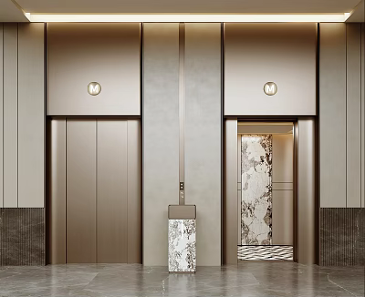 Elegant Modern Elevator Lobby Design With Golden Metal Doors Marble Walls And Recessed Lighting 3d model