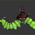 Witch Riding Glowing Green Caterpillar With Purple Hat And Pumpkin Basket