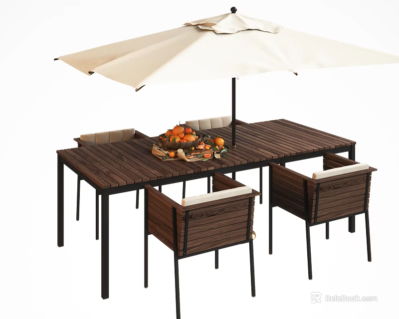 Wooden Outdoor Table with Beige Umbrella and Matching Chairs Topped with Fresh Fruit Basket 3d model 