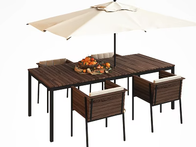 Wooden Outdoor Table with Beige Umbrella and Matching Chairs Topped with Fresh Fruit Basket 3d model