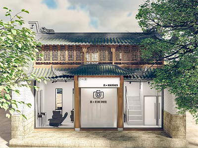 Traditional Chinese Storefront Design With Wooden Structure Traditional Roof Signboard And Green Plants 3d model