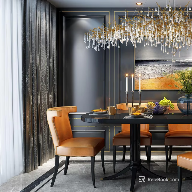Elegant Dining Table Set with Orange Leather Chairs Crystal Chandelier Dark Wall and Artwork 3d model 