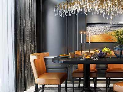Elegant Dining Table Set with Orange Leather Chairs Crystal Chandelier Dark Wall and Artwork 3d model