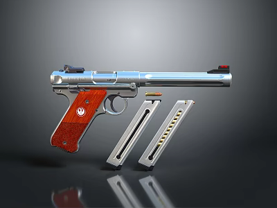 Silver Metal Pistol With Red Wooden Grip And Two Ammunition Magazines Displayed 3d model