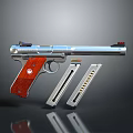Silver Metal Pistol With Red Wooden Grip And Two Ammunition Magazines Displayed