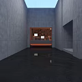 Modern Art Installation Space With Hanging Structures Orange Reflective Floor And Red Illuminated Area