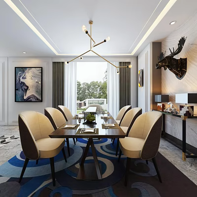 Modern Dining Table and Chair Combination Soft-fitting Dining Table and Chair Deer Head Decoration Chandelier 3d model
