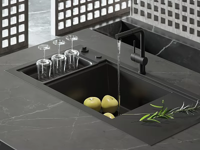 Black Kitchen Sink With Glass Rack Apples And Running Water On Marble Countertop 3d model