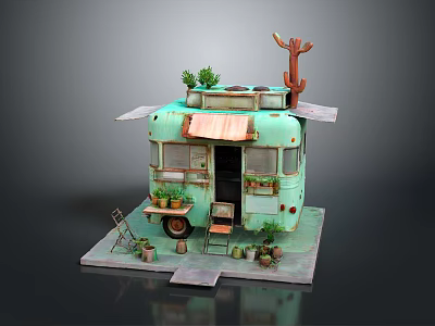 Teal Caravan Scene With Awning Plants Cactus Outdoor Chairs And Flower Pots 3d model