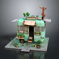 Teal Caravan Scene With Awning Plants Cactus Outdoor Chairs And Flower Pots