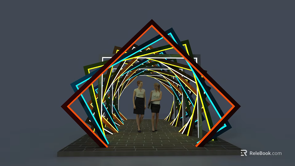 Colorful Neon Tube Arch With Geometric Shapes And Two People On Brick Floor 3d model 