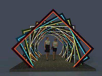 Colorful Neon Tube Arch With Geometric Shapes And Two People On Brick Floor 3d model