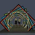 Colorful Neon Tube Arch With Geometric Shapes And Two People On Brick Floor