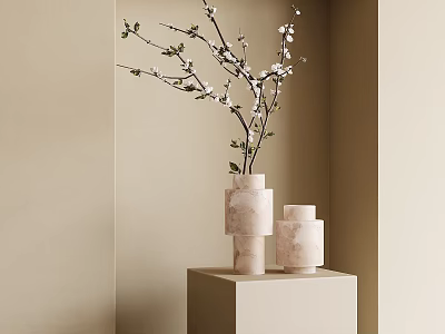 Minimalist Ceramic Vases With White Flowers And Green Branches On Beige Pedestal Against Neutral Background 3d model