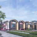 Modern Commercial Street With Glass Curtain Wall Wooden Structure And Central Fountain Area