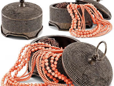 Vibrant Orange Beaded Necklaces With Black Dotted Jewelry Boxes And Intricate Details 3d model