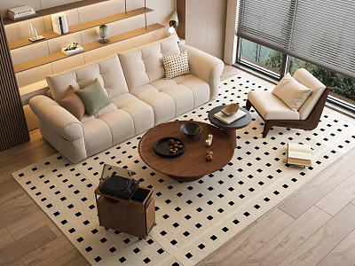 Modern Beige Sofa And Wooden Coffee Table Set With Geometric Rug Throw Pillows And Armchair 3d model