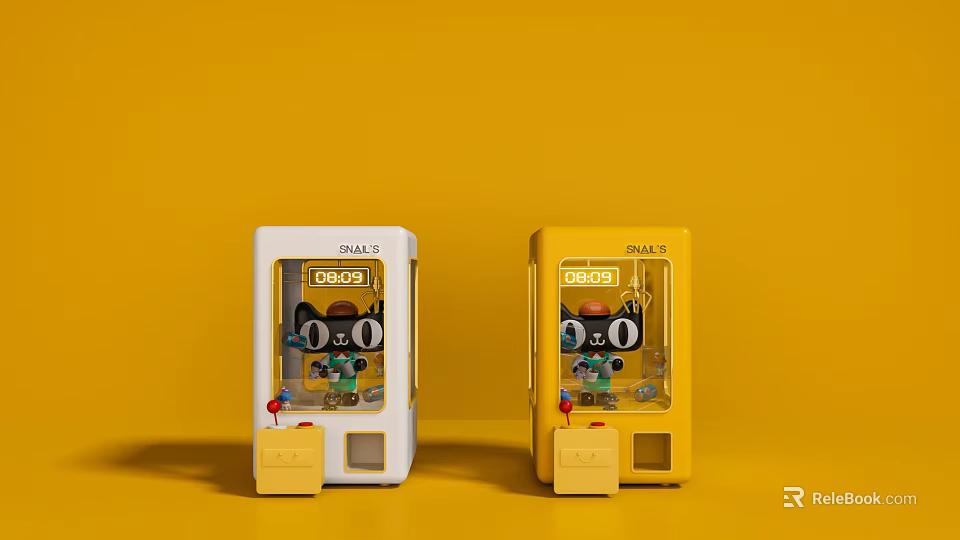 Two White And Yellow Mini Amusement Prize Machines With Cartoon Characters On Yellow Background 3d model 