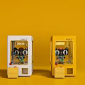 Two White And Yellow Mini Amusement Prize Machines With Cartoon Characters On Yellow Background