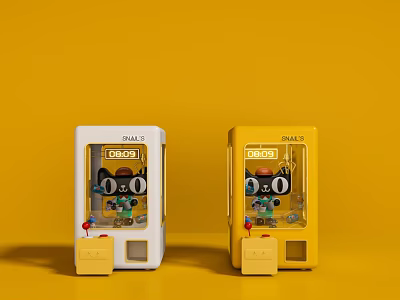 Two White And Yellow Mini Amusement Prize Machines With Cartoon Characters On Yellow Background 3d model