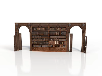 Brown Wooden Bookshelf With Arched Decorations Multiple Shelves Books And Symmetrical Side Doors 3d model
