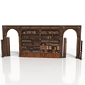 Brown Wooden Bookshelf With Arched Decorations Multiple Shelves Books And Symmetrical Side Doors