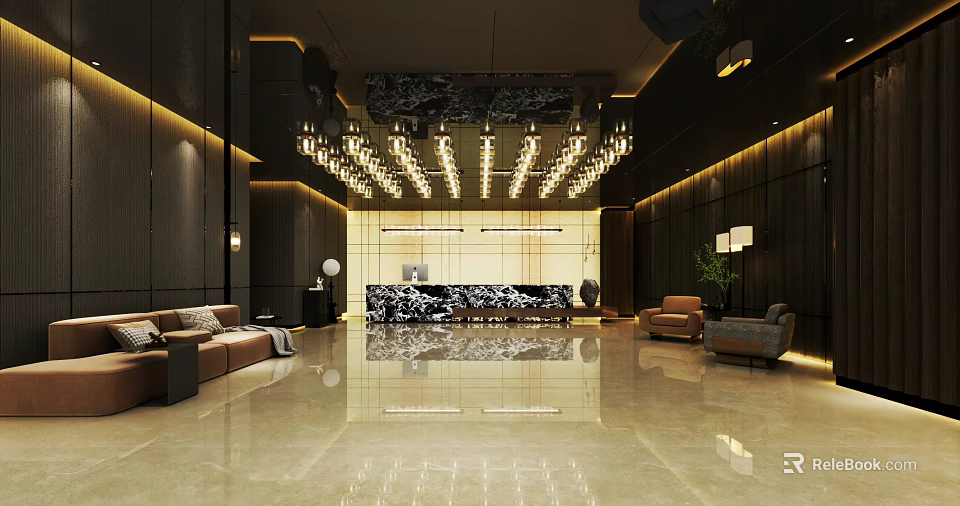 Luxury Hotel Lobby Interior With Crystal Chandeliers Reception Desk And Marble Flooring 3d model 