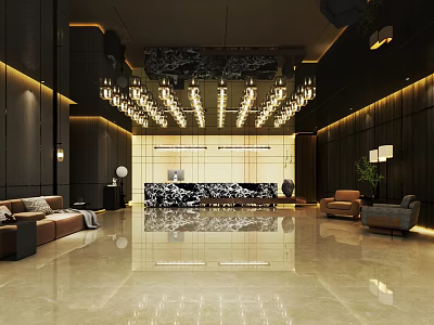 Luxury Hotel Lobby Interior With Crystal Chandeliers Reception Desk And Marble Flooring 3d model