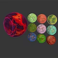 Colorful Decorative Ornament Set With Red Green Orange Spheres And Marble Texture On Dark Background