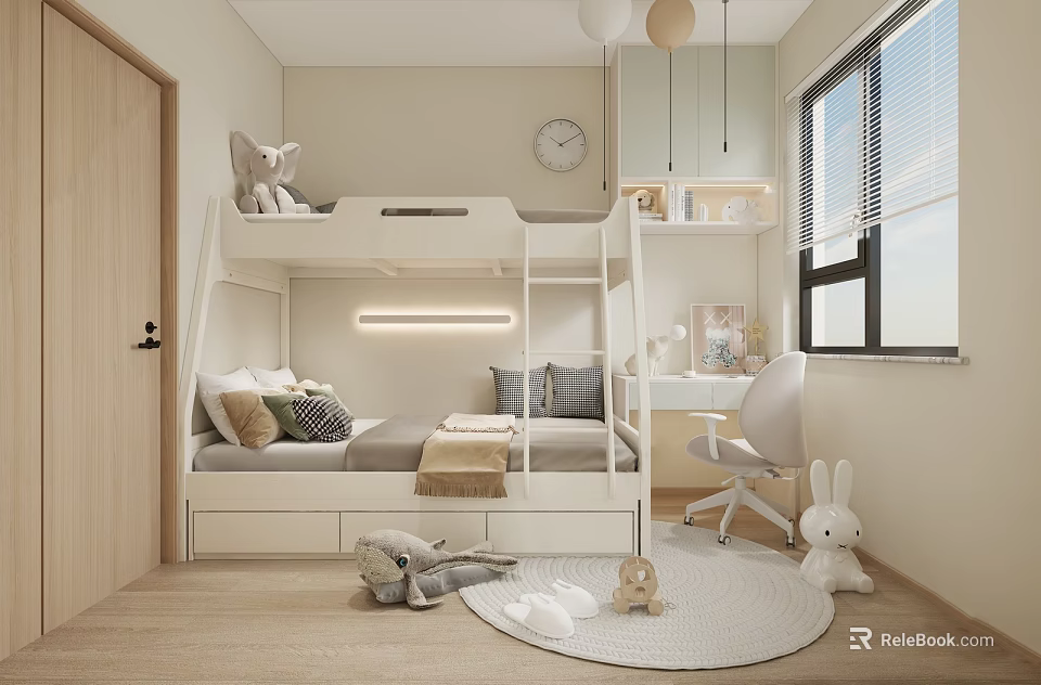 Kids Room Interior With Bunk Bed Study Desk Plush Toys And Window Blinds 3d model 