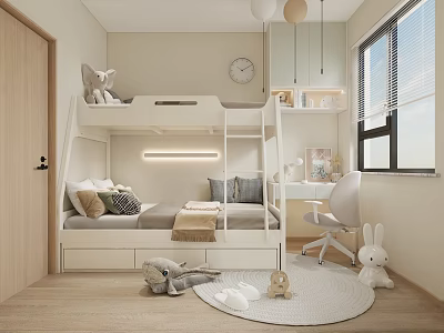 Kids Room Interior With Bunk Bed Study Desk Plush Toys And Window Blinds 3d model