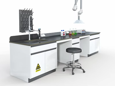 Laboratory Interior Setup With White Cabinets Black Countertop Faucet Reagent Bottles And Stool 3d model
