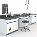 Laboratory Interior Setup With White Cabinets Black Countertop Faucet Reagent Bottles And Stool
