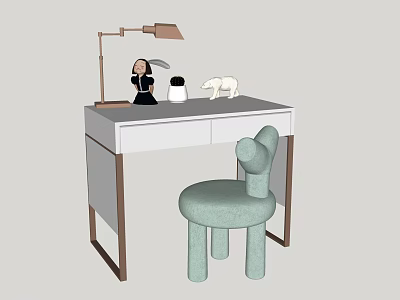 Modern Desk With Table Lamp Black Figurine White Container And Light Green Chair 3d model