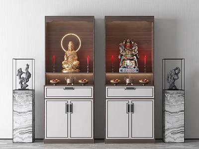 Traditional Wooden Wine Cabinets with Buddha Statue Candles Incense Burners and Marble Pillars 3d model