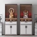 Traditional Wooden Wine Cabinets with Buddha Statue Candles Incense Burners and Marble Pillars