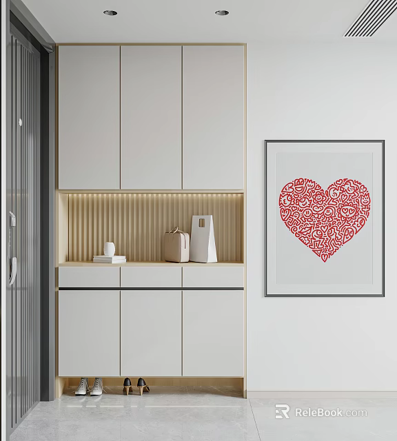 Modern Minimalist Entryway Hallway With White Cabinets Light Strip And Red Heart Shaped Decorative Painting 3d model 