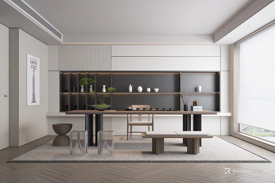 Modern Tea Room Interior Design With Table Chair Cabinets And Plants 3d model