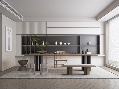 Modern Tea Room Interior Design With Table Chair Cabinets And Plants 3d model