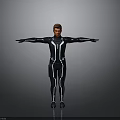 Male in Futuristic Black Bodysuit With Blue Glowing Lines Arms Outstretched Against Grey Gradient Background