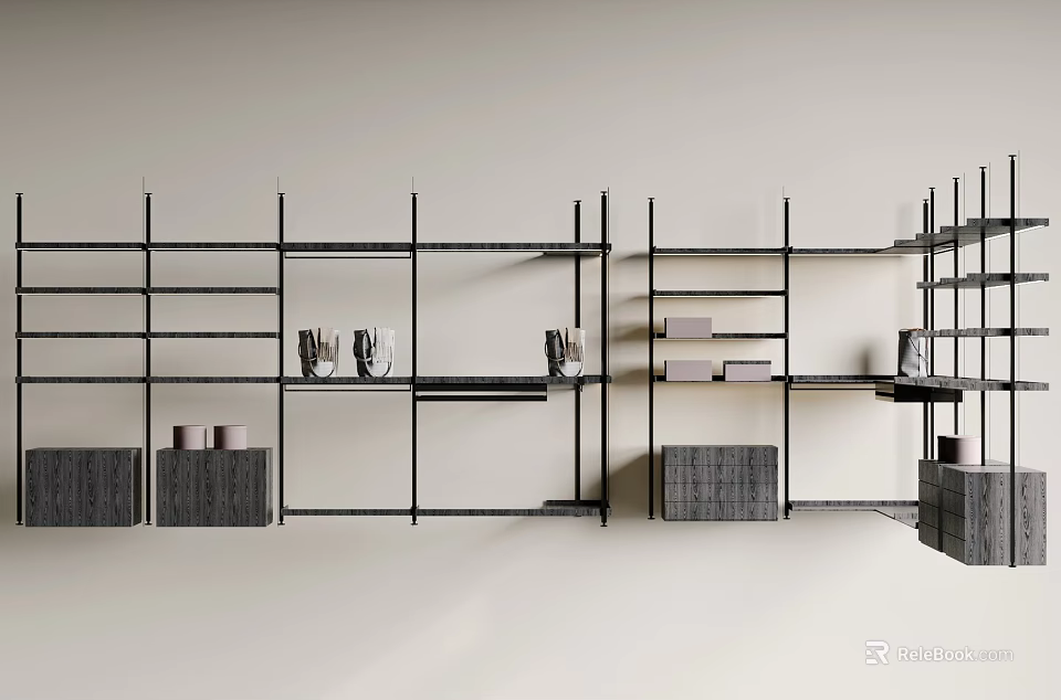 Modern Open Bookcase Design With Metal Frame Wooden Shelves And Decorative Items 3d model 