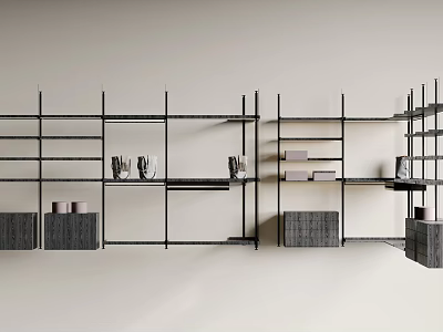 Modern Open Bookcase Design With Metal Frame Wooden Shelves And Decorative Items 3d model