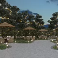 Restaurant Outdoor Dining Area With String Lights Trees And Umbrella Seating 3d model