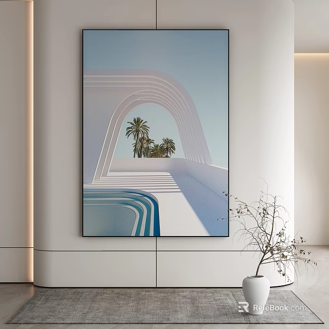 Abstract Painting Featuring White Arches Blue Pool Palm Trees Light Blue Sky Modern Interior 3d model 