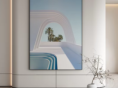 Abstract Painting Featuring White Arches Blue Pool Palm Trees Light Blue Sky Modern Interior 3d model