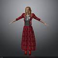 Red Haired Woman In Red Floral Dress With Silver Waist And Outstretched Arms Gray Background